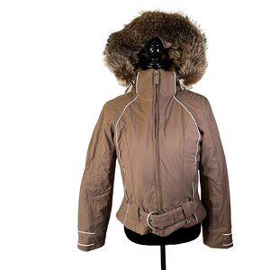 Nils Brown Belted Jacket with Faux Fur Hood Women's Size 6